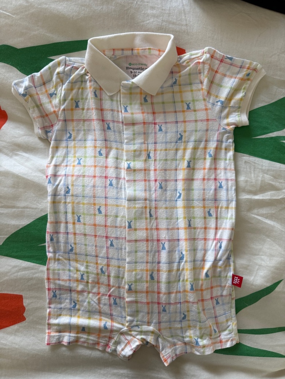 Magnetic Me White Polo Romper with Pastel Plaid Easter Motif NWOT